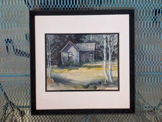 Marylin R Eger Signed Watercolor Cabin Landscape Framed Wall Art Painting