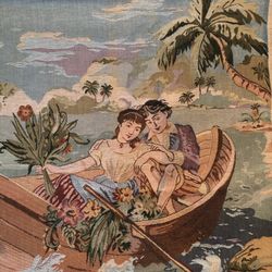 Antique Victorian French Woven Tapestry Painting Style Wedding Honeymoon Couple In Love 