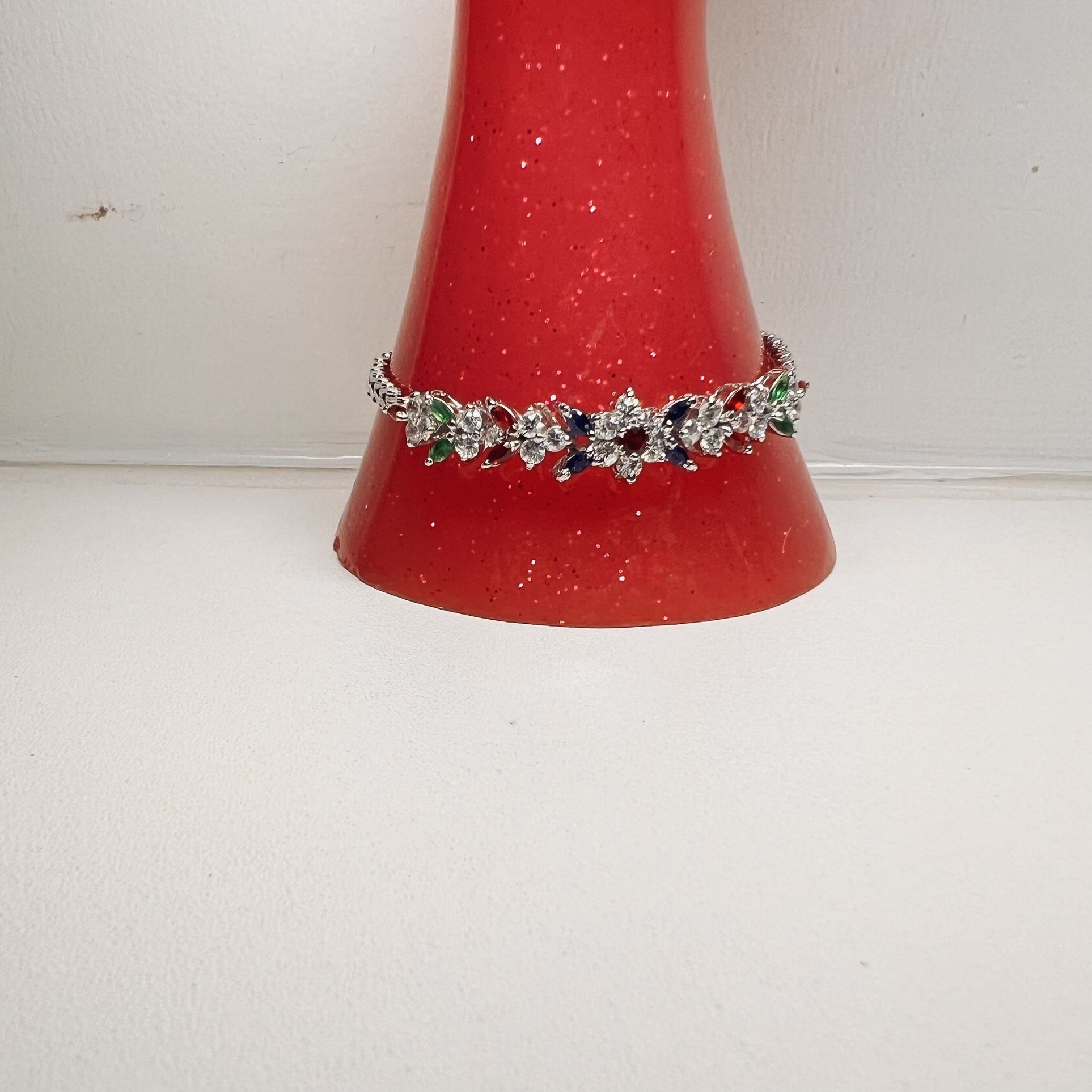 Bracelet Sterling Flower Cluster middle Green Pink Blue Stones Silver