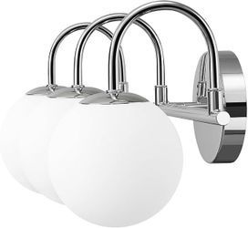 Jubile Mid-century chrome modern bathroom changing lights, 3-light wall sconces with frosted milk glass balloons.