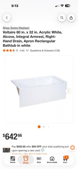 Swiss Madison Voltaire 60x32 Acrylic Alcove Bathtub