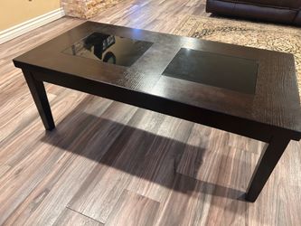 Modern Dark Wood Coffee Table with Glass Inserts – Excellent Condition