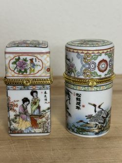 Chinese Hand-Painted Porcelain Lidded Toothpick/Trinket Boxes - Geishas & Cranes