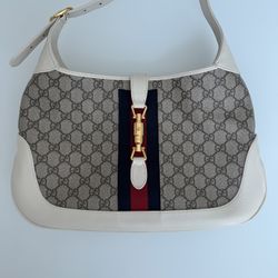 Gucci  GG Supreme Monogram Textured Dollar Calfskin Web Medium Jackie 1961 Hobo Beige Ebony Mystic White