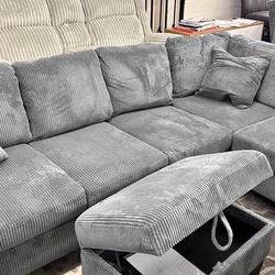 New Corduroy Sectional.  Grey.  99” X 66”.  Free Delivery!