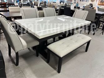 6pc Dining Set $999 – Marble Top Table + Bench