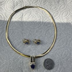 16’ 14kt Gold And Tanzanite With Diamonds Necklace With Pendant And Matching Earrings 