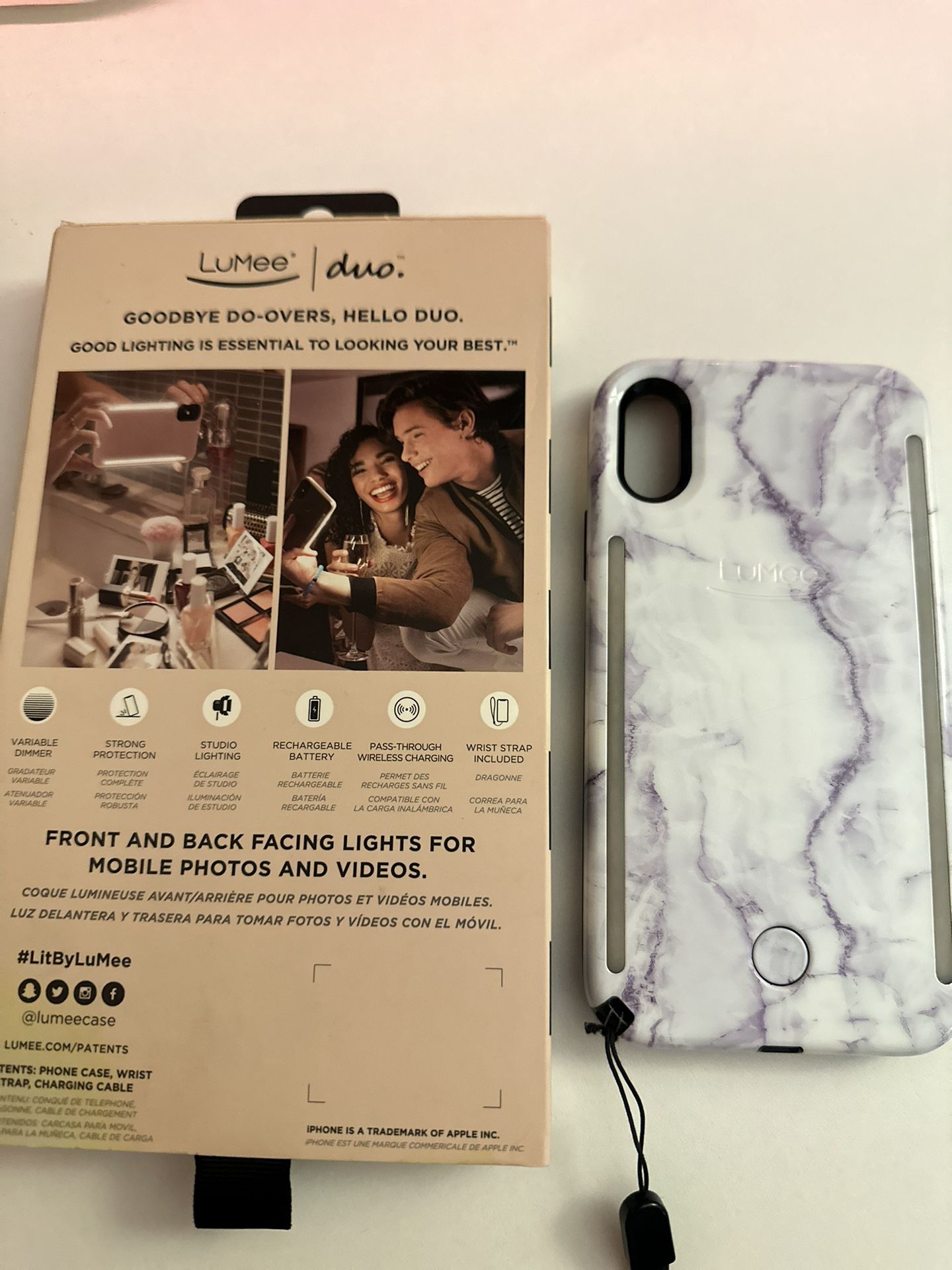 Lumee iPhone XR Selfie Light Case In Marble With Wrist Wrap 
