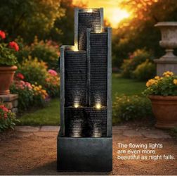 FF2035 50.7-Inch Tall Outdoor Water Fountain with LED Lights and Pump, Modern Resin Floor Standing Cascading Waterfall Fountain for Garden Patio Backy