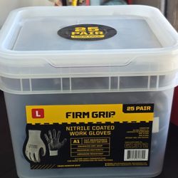 Brand New FIRM GRIP Large Nitrile Coated Work Gloves with Reusable Bucket (25-Pack)