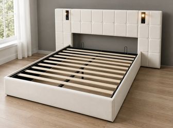 NEW OPEN BOX Velvet Queen Upholstered Storage Bed with Lights & USB