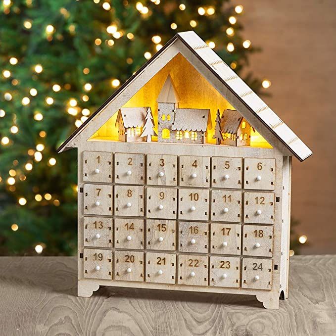 New $79 Glitzhome Wooden Holiday Advent Calendar Christmas LED Lights Battery Operated