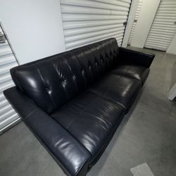 Black Tufted Leather Sofa - Mid Century