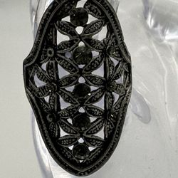 Silver Tone Antiqued Patina Black CZ Size 7 1/2 Ring Oval Statement Ring 