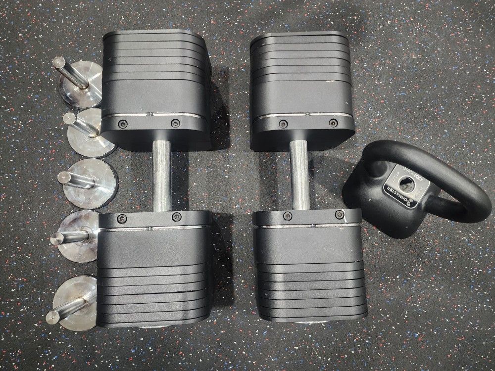 Ironmaster Adjustable Dumbbells 135lb Each And Kettlebell - 120lb Expansion And Heavy Handle Kits