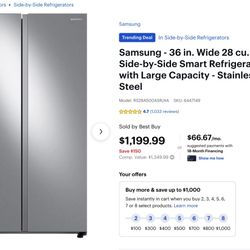 Samsung - 36 in. Wide 28 cu. ft. Side-by-Side Smart Refrigerator with Large Capacity - Stainless Steel