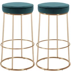 Velvet Teal Bar Stools Set of 2, Gold Bar 