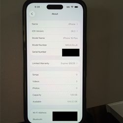 iPhone 16 Plus 128GB – White | Unlocked | 100% Battery | Virtually New