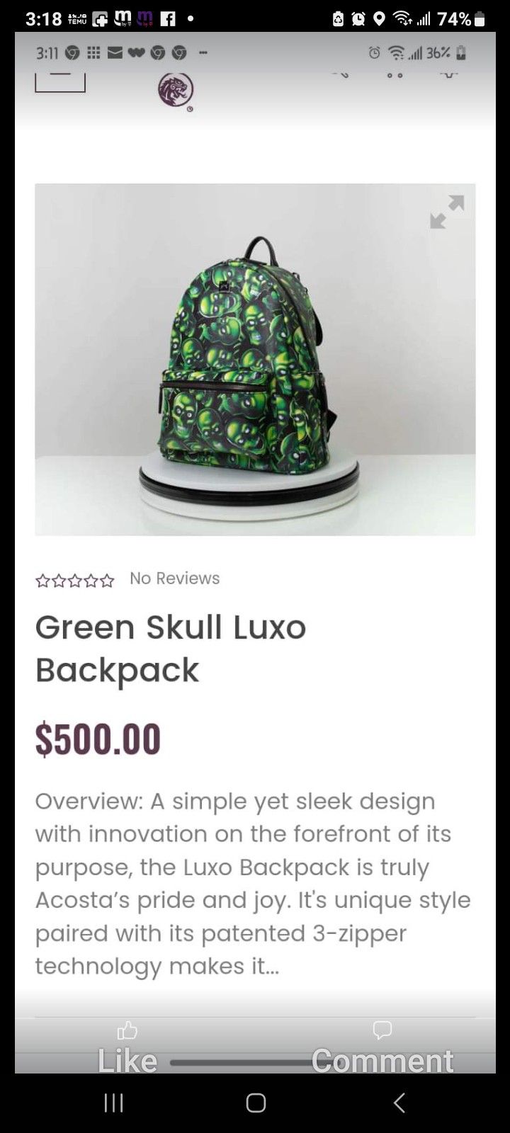 Green Skull Luxo Backpack