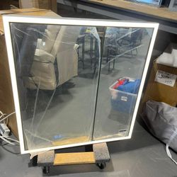 30x32 Lighted Medicine Cabinet with Mirror & Clock -Surface or Recessed Aluminum Medicine Cabinet with Dimmable Light & Outlet, Anti-Fog, Built-in Sen