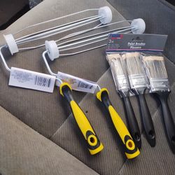 2 ROLLER FRAMES AND 3 PIECES OF PAINT BRUSHES 