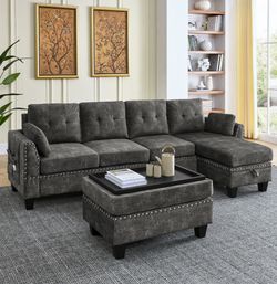 Premium Dark Grey Velvet Sectional: 3-Seaters, Double-Sided Storage Footstool, Non-Slip Legs & Accompanying Two Pillows
