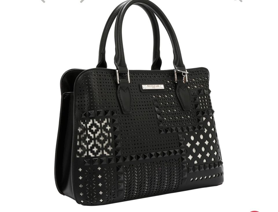 Handbag:   Smooth vegan leather exterior Structured, rolled dual top handles (5" drop) with Nicole Lee authentic circle charm 3 compartments: Side sli