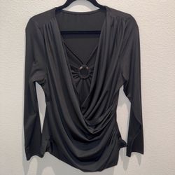 SHEIN Black Draped Long Sleeve Top with Ring Detail