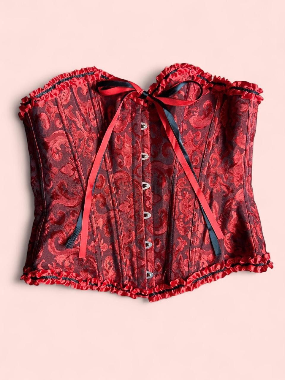 Moulin Rouge Style Red & Black Embroidered Faux Satin Corset Top with Ruffle & Bow details ~ Size Small (Adjustable)  