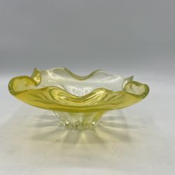 Art Glass Yellow Folded Bowl Ashtray Trinket Dish