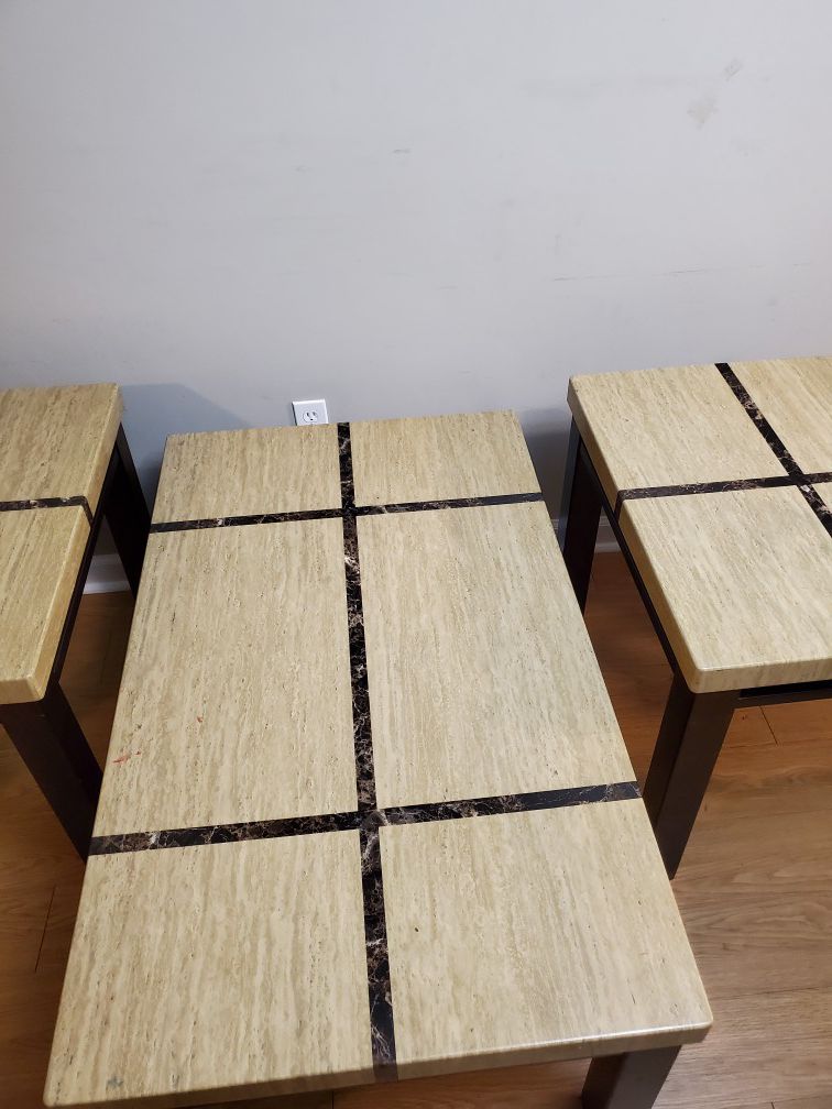 3 PC beige and brown table and end tables