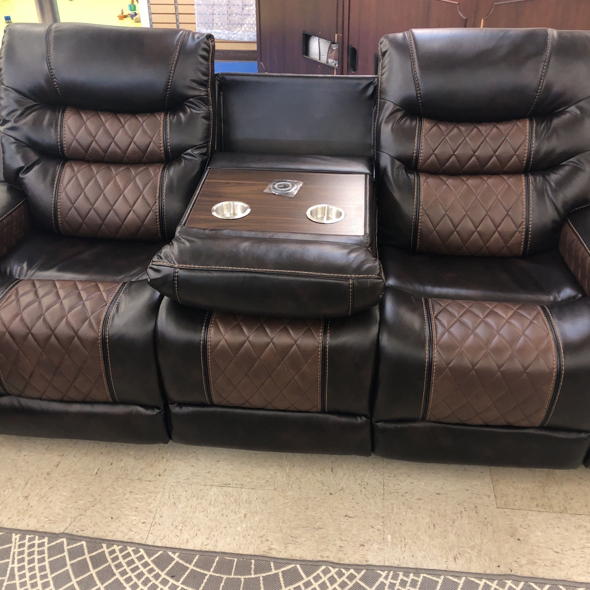 BRAND NEW SOFA LOVESEAT AND CHAIR BROWN LEATHER WITH WIRELESS CHARGER DROP DOWN TABLE ONLY $39 Take It Home 🏡 Today