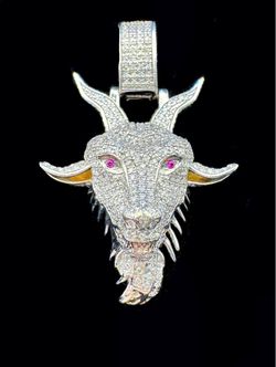 10k white gold bussdown iced out 3CTW natural diamond ruby Goat head pendant charm