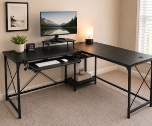L-Shaped Adjustable Computer Desk / Corner Desk with Keyboard Tray