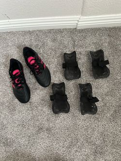 adidas Jr. Goletto VIII Firm Ground Soccer Cleats (Black/Team Shock Pink) w/ 1 Black & 1 White Pair of Shin Guards
