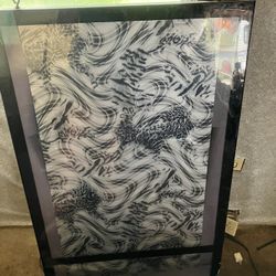 A hanging lighted sign