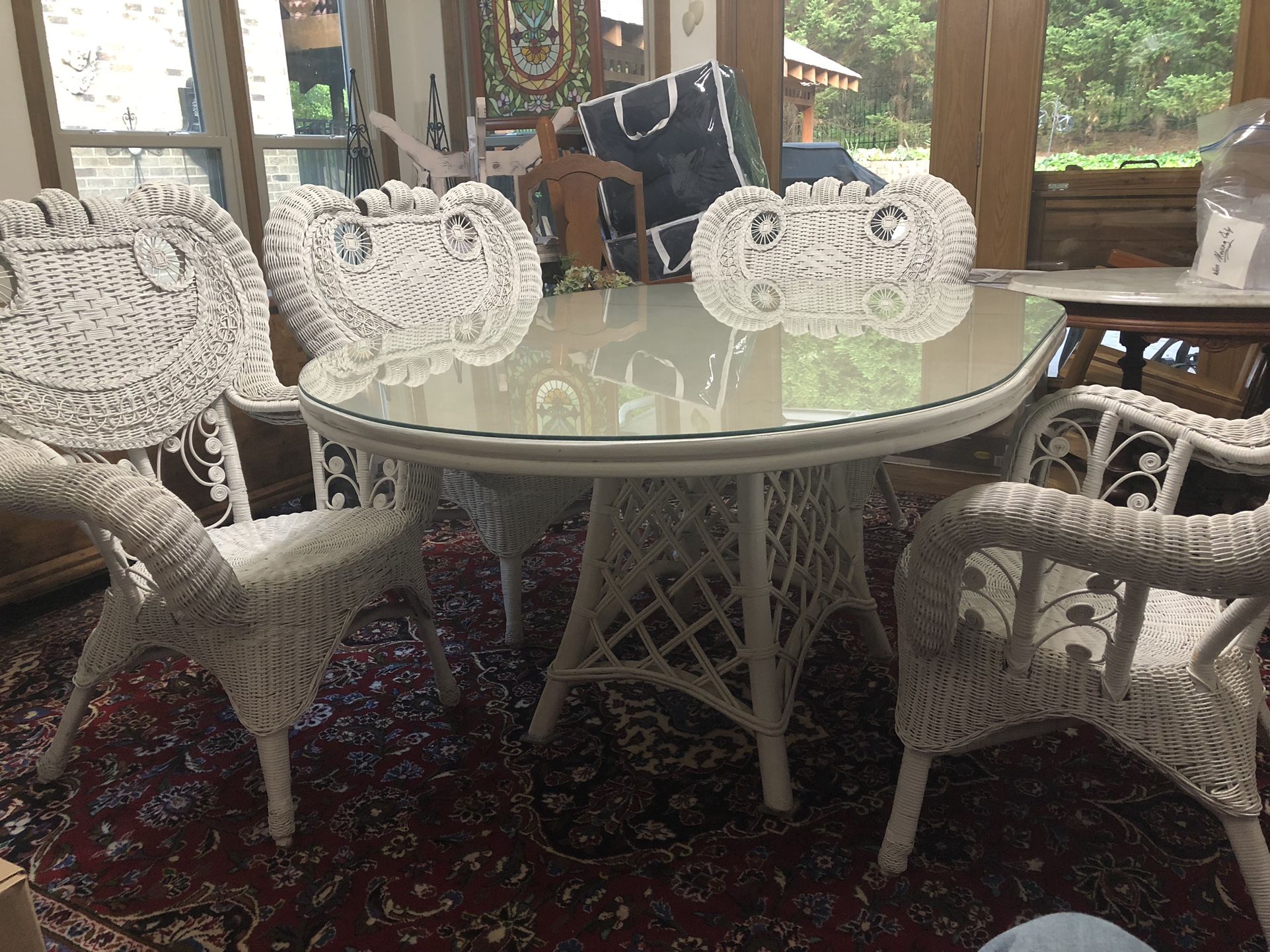 Ficks Reed Dining Table, 4 Matching Wicker Chairs, Wicker Sofa & Wicker Arm Chair