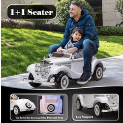 Remote-controlled electric ride-on car for kids; compatible with Mercedes-style 12V 14Ah power system; features wheels and supports parent-child tande