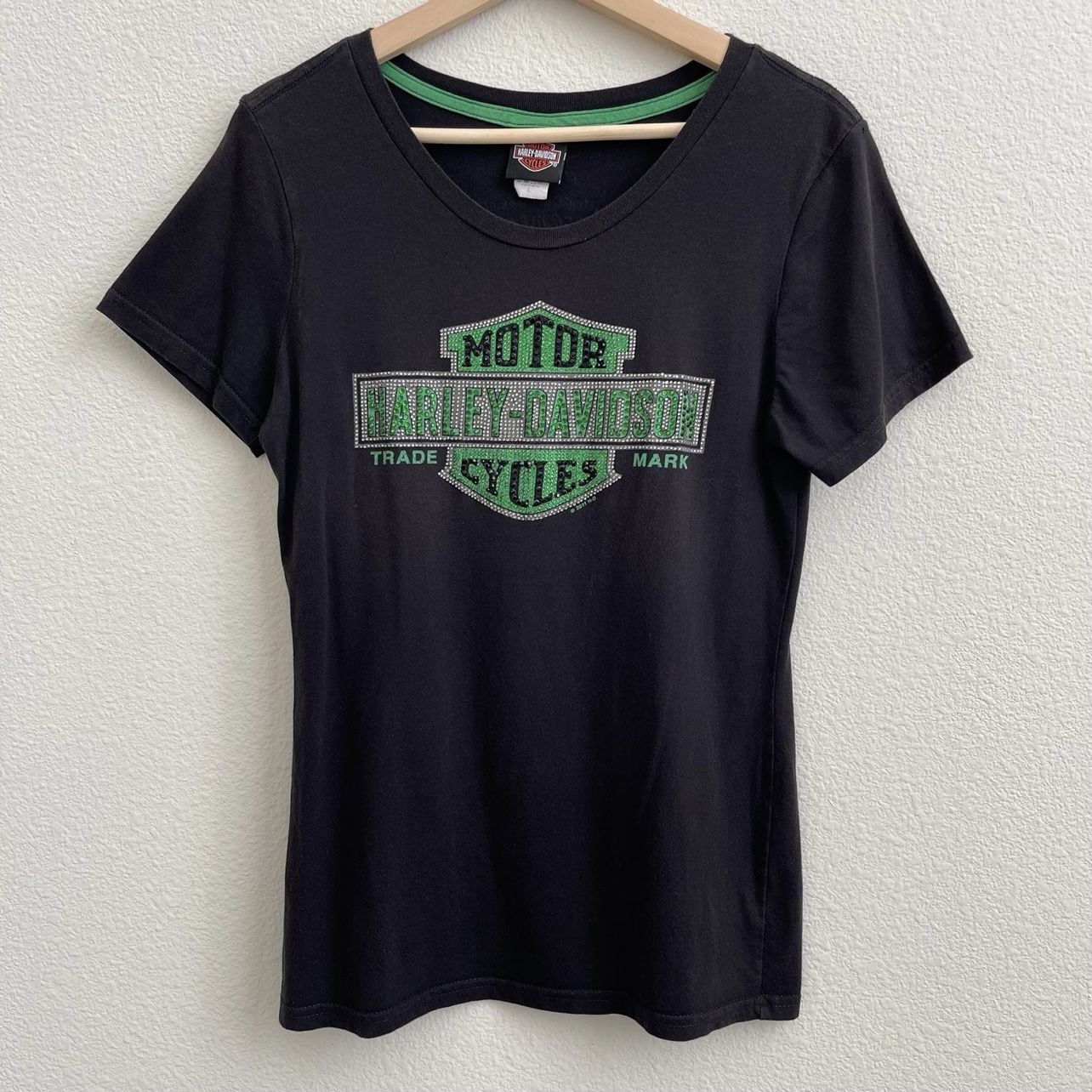HARLEY DAVIDSON Black Green Rhinestone Sacramento, CA Short Sleeve Graphic Tee