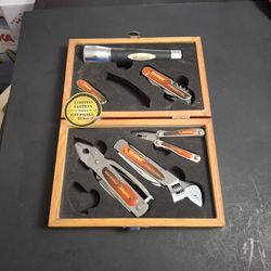 Sheffield Limited Edition Folding Multi-Tool Set In A Cherry Stained Wooden Box-LED Flashlight Works Great