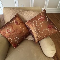 Set of Two Embroidered Throw Pillows – Brown with Cream & Rust Red Accents