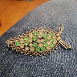 Vintage Green Rhinestone Gold Tone Brooch Pin Some Uranium Stones MCM 1950s
