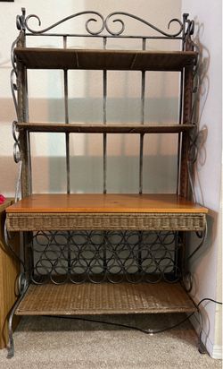Metal and Wicker Baker's Rack with Wine Storage