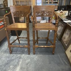 Bar Stools (Set Of 2) Indonesian Teak Hand Carved Stools