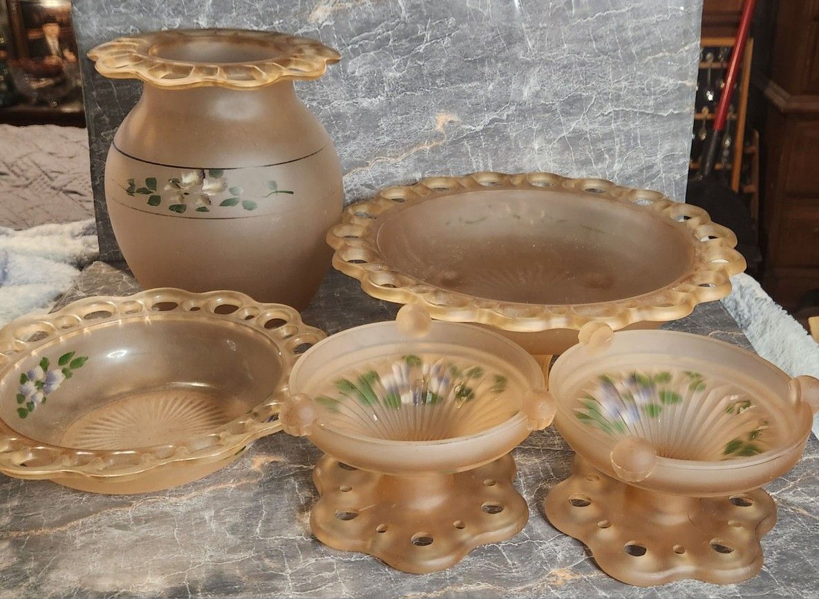 1930's Pink Lace Depression Glass Hand-Painted (5 Pieces)