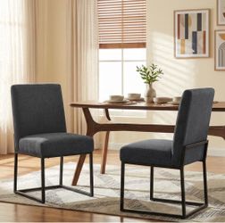 VKNOW set of 2 upholstered chairs for dining chairs Modern, linen kitchen chair, dinner chair With black metal base for kitchen or office, dark gray c
