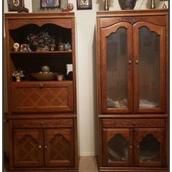 X2 VINTAGE BROYHILL ORNATE WOODEN BOOKSHELF BOOK SHELF DRAWER STORAGE CURIO ILLUMINATED CHINA CABINET HUTCH