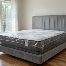 Queen Size Bed Frame With Mattress And Box Springs Set 3PCS Velvet Bed Frame Gray 