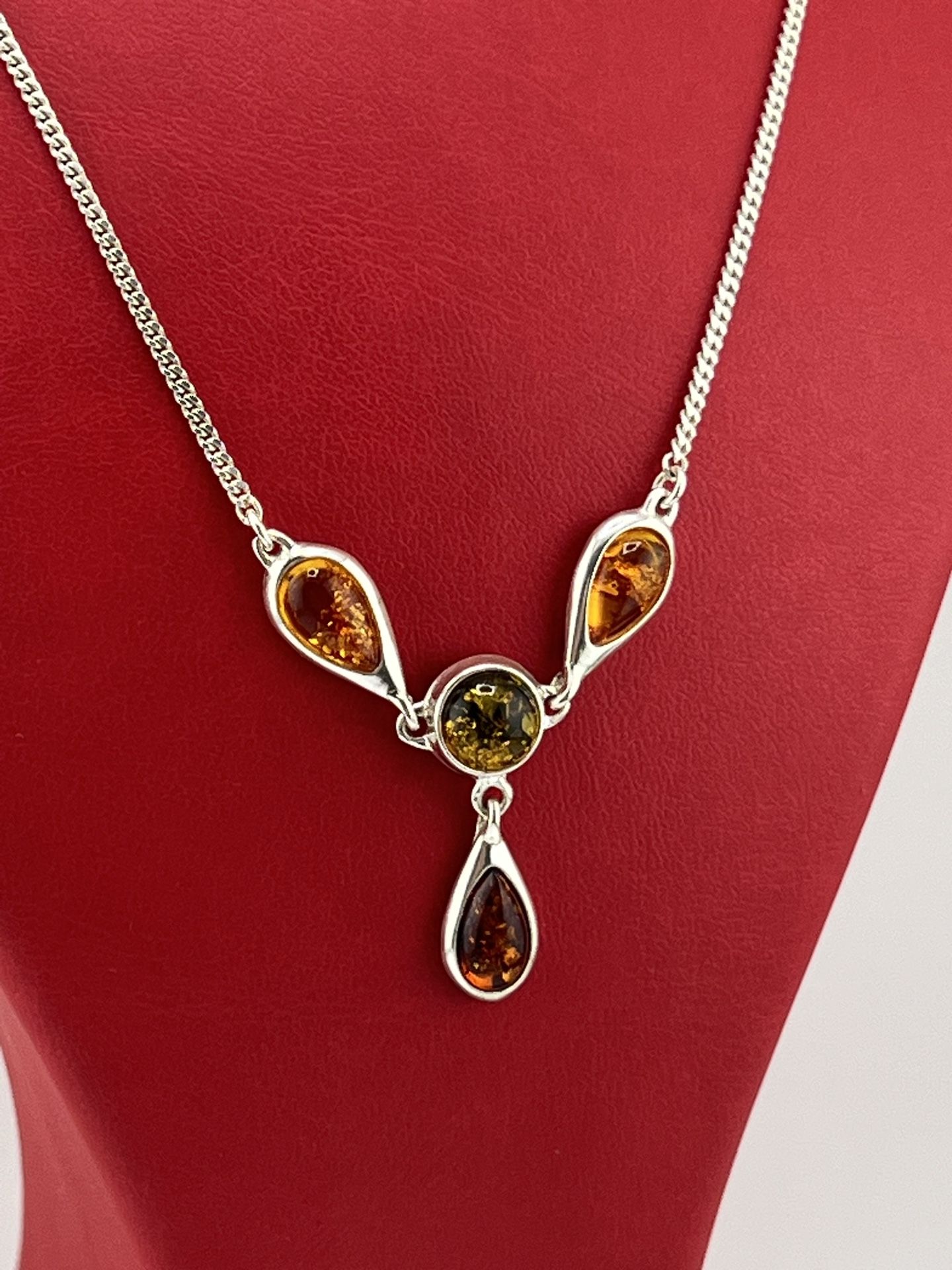 Natural 925 Sterling Silver Amber Stone Necklace 18” Inch