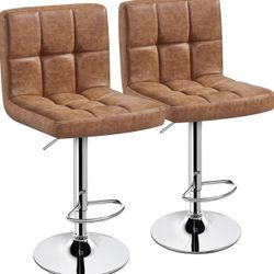 Bar Stools Set of 2, PU Leather Swivel Barstools, Height Adjustable Counter Chairs, Modern Stools with Back for Bar Kitchen Island Dining Room, Retro 
